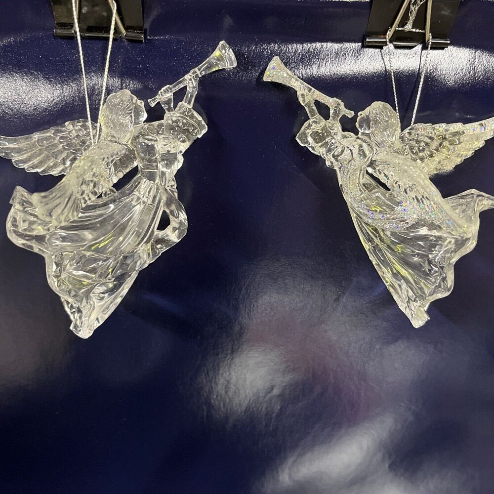 VTG Pair Of Silvestri? 5" Clear Acrylic Trumpeting Angel Hanging Ornaments -D8